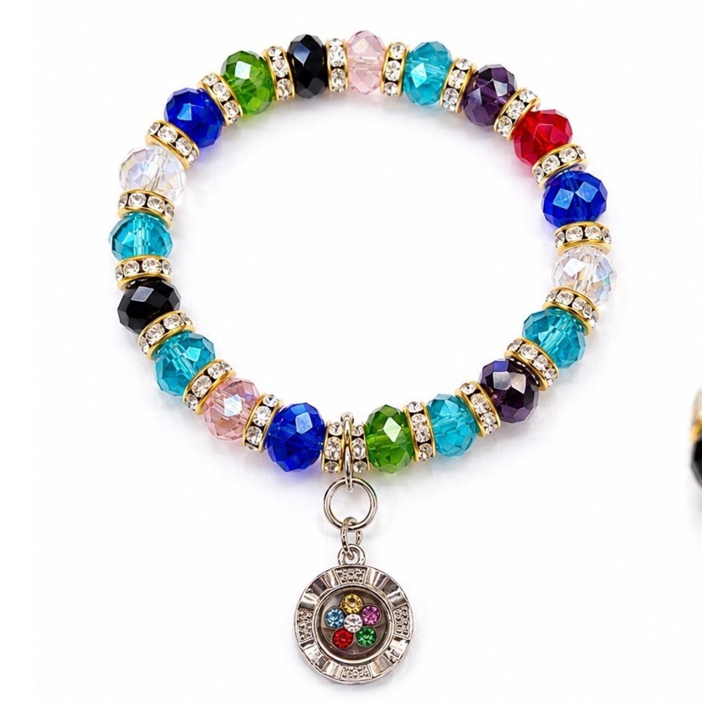 Multicolor Crystal Bead Stretch Bracelet Rainbow Rhinestone Flower Swing Charm